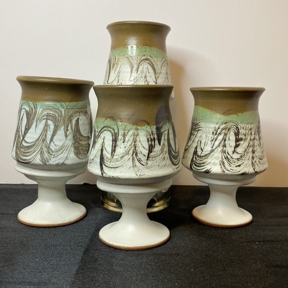 Set of 4 Artist Signed Pottery Goblets - Picture 2 of 4